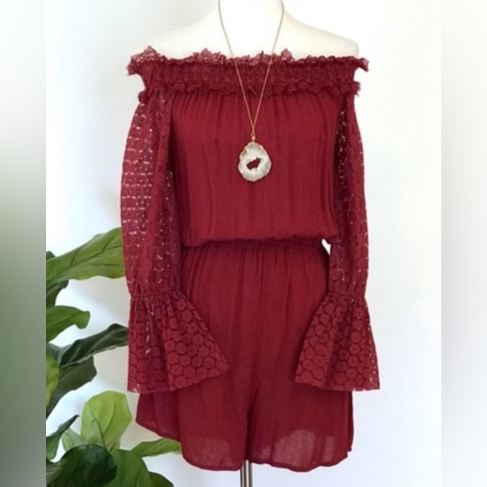 NWT Size Small Lace Sleeve Off Shoulder Burgundy Ruffle Romper (USC Burgundy)